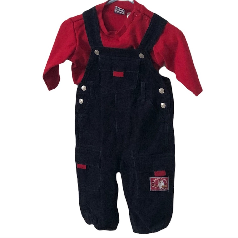 Nannette Baby Boy Blue Corduroy Overalls with Red Long-sleeve Shirt  Sz 3-6